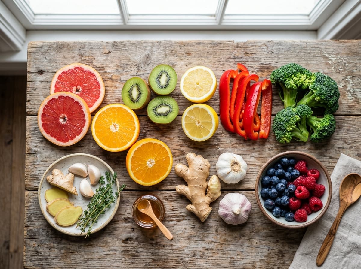 Fresh immune-boosting citrus fruits and superfoods